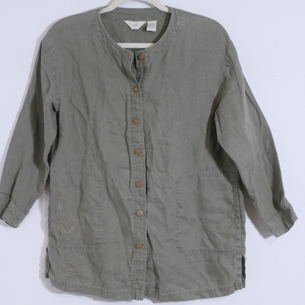 J. Jill Women Linen Tunic XSP Green Embroidered Lagenlook Boho Coastal Earthy